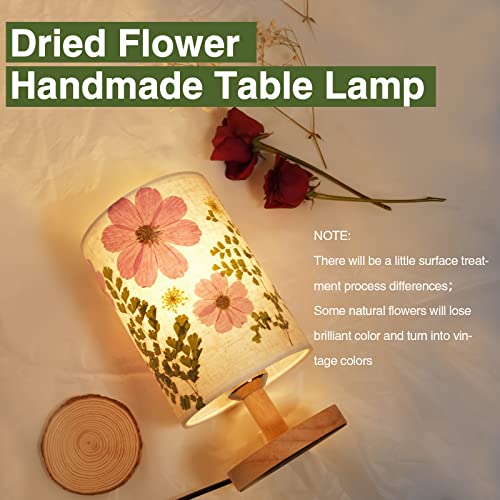 Floresita Dried Flowers Small Table Lamp 5W LED 3-Color Bedside Lamp Pressed Flowers Lampshade with Wood Base for Bedroom ...