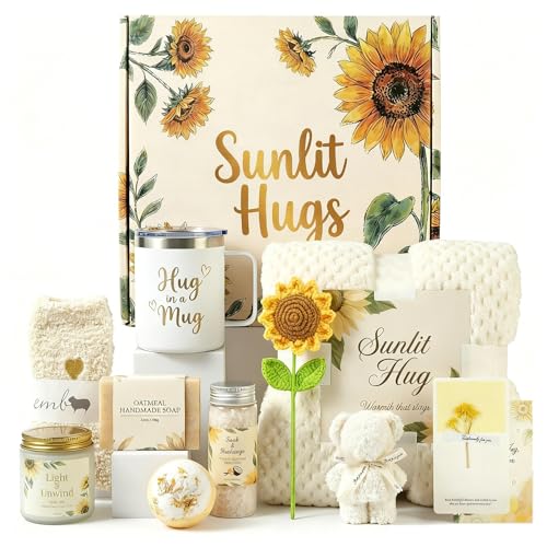 TQZDBXK Get Well Soon Gift Baskets for Women, 12 PCS Sunflower Hug in a Box Care Package, Thinking of You Birthday Sympath...