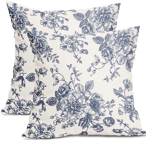 Vintage Floral Pillow Covers 18x18 Inch Set of 2 Navy Blue and Cream Floral Throw Pillow Covers Chinoiserie Flower Pillowc...