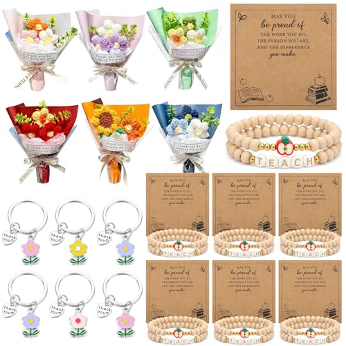 Wavwavw 6 Set Teacher Appreciation Gifts Bulk Include Positive Handmade Mini Crochet Flowers Bouquet Flower Keychains Wood...