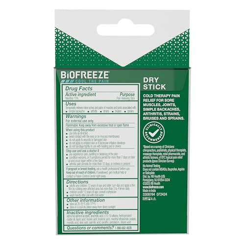 Biofreeze Dry Stick, Mess-Free Relief for Neck, Shoulder, Knee, Hip, Hand & Joint, Cooling Menthol Pain Relief Stick, Up t...