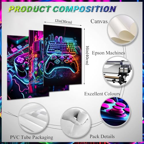 BGFCE Game Room Decor Posters Set of 3 - Neon Gaming Accessories Theme Canvas Wall Art, Gamer Console Paintings Picture Wa...