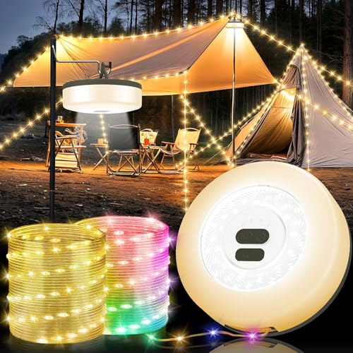Camping String Lights, 4 in 1 Quick Storage 32.8FT Rechargeable Tent Lights with 9 Lighting Modes, Hanging Waterproof Port...