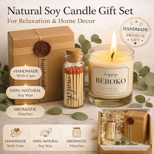 Scented Soy Candle Gift Set with Matches – Handmade Natural Candle in Glass Jar with Wooden Lid, Luxury Packaging, Aromath...