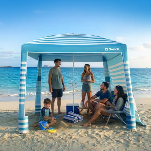 Gorich Beach Cabana with UPF50+ UV Protection, 8x8 FT/10x10 FT Beach Canopy Tent with Side Wall, Easy Setup, Windproof Por...