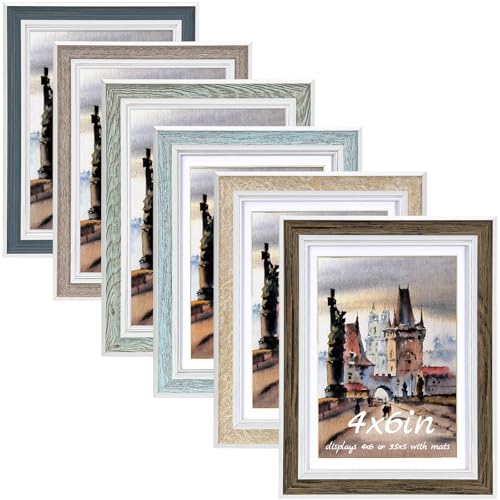 Daofary 4x6 Picture Frame Set of 6, Rustic Farmhouse Photo Frame, Display 3.5x5 with Mat or 4x6 Without Mat for Decorative...