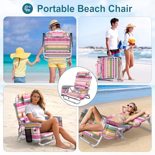Suteck Backpack Beach Chairs for Adults, 5-Position Lay Flat Reclining Chair with Cooler Pouch, Cup Holder, Towel Bar, 2-P...