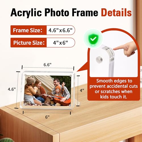 FIXSMITH 2 Pack 4x6 Acrylic Picture Frames, Clear Magnetic Frames with Stand, UV Resistant, Horizontal/Vertical Display, P...