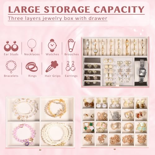 Emazerom 3 Layer Jewelry Boxes Large Jewelry Holder Organizer Case with 2 Jewelry Organizer Drawer PU Necklace Organizer L...