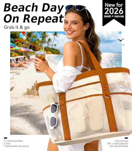 Yeendibo 2026 Chic & Spacious XX-Large Beach Bag for Women — Mesh × Canvas Tote with Top Zipper, 11 Pockets, Detachable Po...
