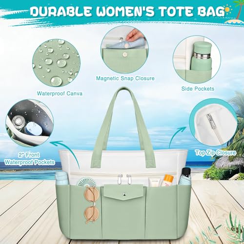 ZENTREON Beach Bags for Women Large Canvas Beach Tote with Zipper Wet Pocket, Waterproof Foldable Swim Pool Travel Tote Bags