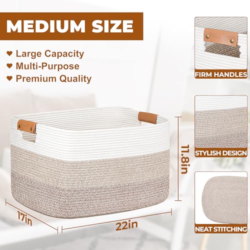 danpinera Blanket Basket, 72L Woven Storage basket with Leather Handle, Eco-friendly Decorative Storage Organization in Ba...
