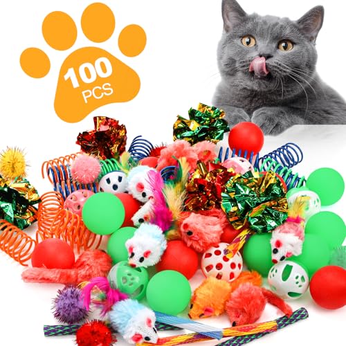 Nicunom 100 Pcs Cat Toys for Indoor Cats and Kittens - Spring, Fur Mice, Crinkle Ball, Sparkle Pom Pom Ball, Bell, Catnip ...