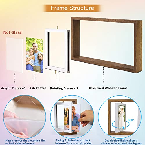 ZEEYUAN 4x6 Rotating Picture Frame Desktop Rustic 4x6in Wooden Photo Frames, Double Side-Display 6 Photos, Floating 4x6 Co...