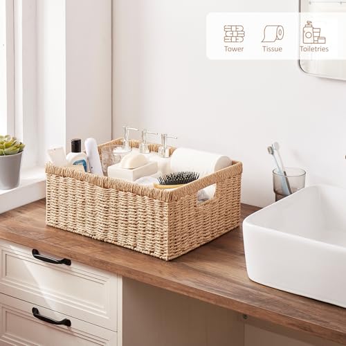 OIAHOMY Wicker Storage Basket, Rectangular Paper Rope Shelf Baskets with Built-in Handles, Woven Decorative Organizer for ...