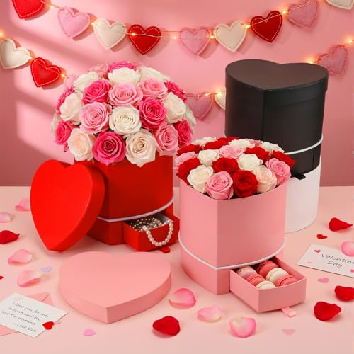 Fullhawl 4 Pack Heart Shaped Flower Box with Drawer,6.1" Mother's Day Gift Box for Roses, Jewelry, Proposals,Weddings, Rom...