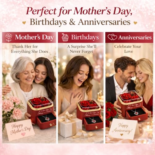 minstely Preserved Rose Gift Box with Necklace for Women, Forever Real Rose Jewelry Box for Mom Wife Girlfriend, Red Flowe...