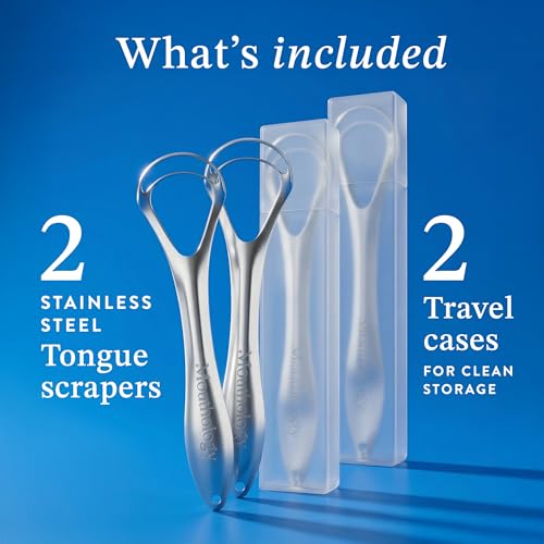 BASIC CONCEPTS Tongue Scraper for Adults (2 Pack), Reduce Bad Breath (Travel Cases Included), Stainless Steel Tongue Clean...