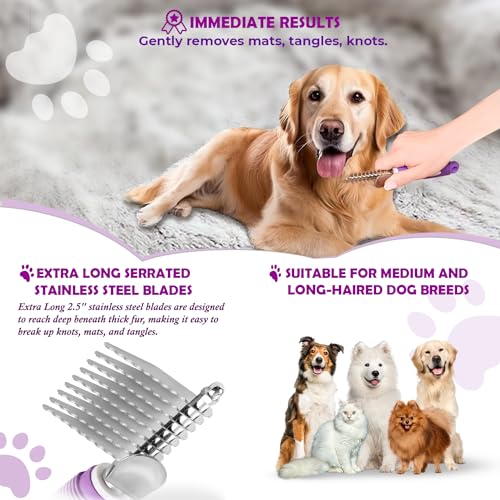 GENPEPADO Dematting Undercoat Rake Comb for Dogs & Cats with Long 2.5-In Stainless Steel Safety Blades for Removing Knots,...