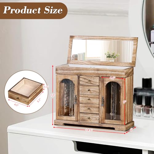 Miratino Jewelry Box for Women Girls, Rustic Wooden Jewelry Organizer Box with Mirror, 5 Layer Jewelry Storage Case Displa...