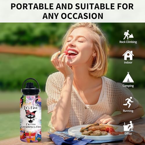 Uibunoo Cat Gifts for Women, Funny Black Cat Water Bottle Cup Tumbler with Lid 32oz Everything Is Fine, Cats Themed Gift f...