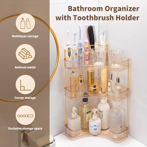 NATURE'S SOURCE Makeup Organizer for Vanity, 3-Tier Corner Bathroom Organizer Countertop with Makeup Brush Holder, Corner ...