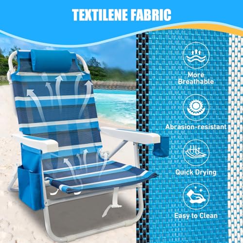 WTVIDAS Beach Chair 2 Pack, 5 Positions Textilene Folding Reclining Beach Chair with Backpack Straps, Cooler Bag & Cup Hol...