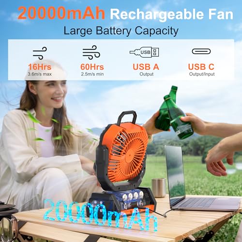 Honesorn Portable Rechargeable Fan 20000mAh, Camping Fan with LED Light & Remote, USB C Cordless Battery Powered, 4 Speeds...