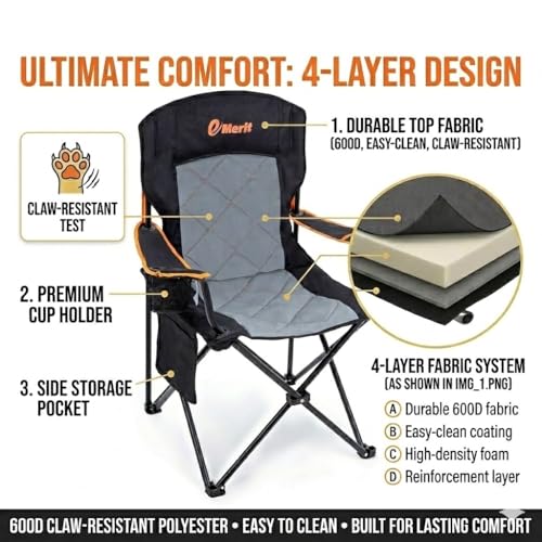 EMERIT 2 Pack Oversized Padded Camping Chair, 350LB Heavy Duty Quad Fold Chair with Arms, Collapsible Outdoor Chairs with ...
