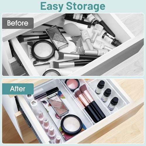 WOWBOX 25 PCS Clear Plastic Drawer Organizer Set, 4 Sizes Desk Drawer Divider Organizers and Storage Bins for Makeup, Jewe...
