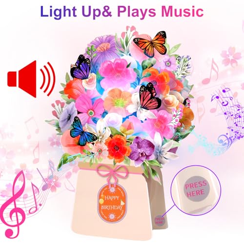 Yinqing Birthday Cards, Light and Music Happy Birthday Card, Lily and Butterflies, 10 Inch Life Sized Forever Flower Bouqu...