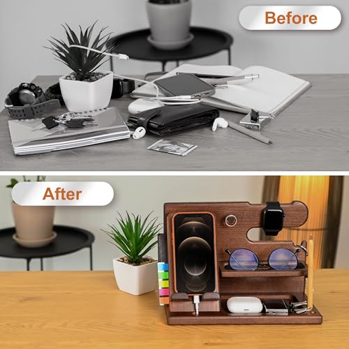 TESLYAR Wood Phone Docking Station for Men - Desk or Nightstand Organizer - Birthday Gifts for Husband, Dad - Anniversary ...