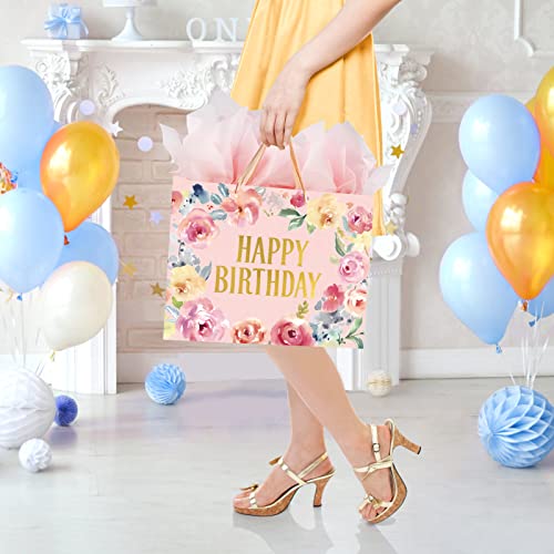 13" Large Happy Birthday Gift Bag with Card and Tissue Papers, Handles Floral Design for Women Girls Birthday Party (13" P...