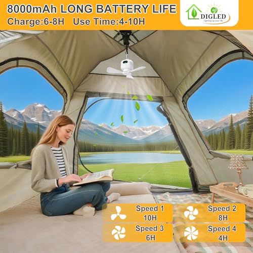 DIGLED Battery Operated Ceiling Fan: 11" Portable Camping RV Tent Fan with Lights - Outdoor Hanging Rechargeable 8000mAh -...