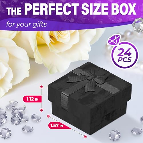 Set of 24 Black Ring Gift Box - Elegant Design Jewelry Gift Boxes, Small Earring Box for Present with Ribbon Knot & Foam U...
