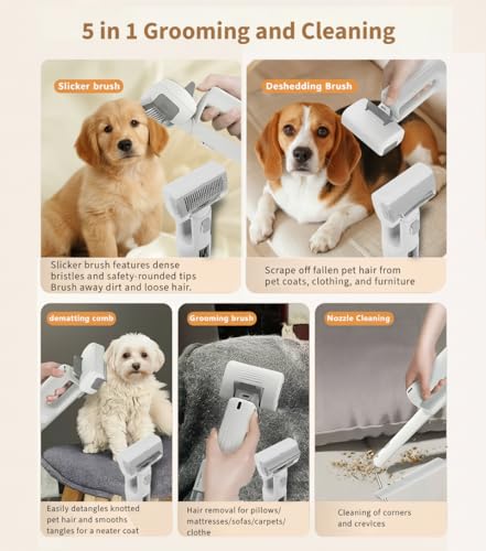[2026 Version]Dog Vacuum for Shedding Grooming- 5 in 1 Cleaning Slicker Brush for Dogs & Cats Deshedding Vacuum Brush with...