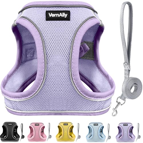 VernAlly Sparkly Dog Harness Small Sized and Leash Set for Small Dogs Cats,Purple S Puppy Harness, Step in Soft Dog Reflec...