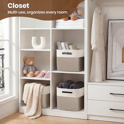 Storage Baskets for Organizing, 14 x 10 x 9” Closet Shelf Woven Baskets, Square Bins with Handles, Cotton Rope Basket for ...