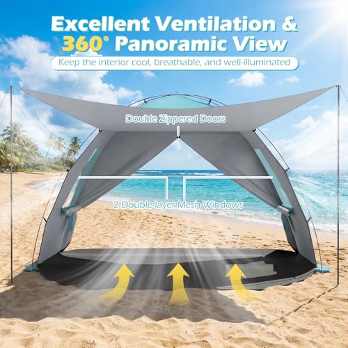 Tangkula 3/4/5/6 Person Pop Up Beach Tent with Canopy, UPF50+ Silver-Coated Lightweight Beach Sun Shelter with Extended Fl...