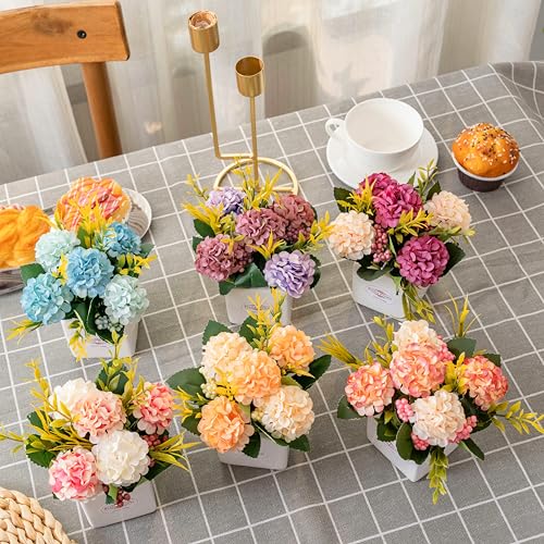 6Pcs Artificial Flowers with Ceramic Pot Small Fake Hydrangea Flowers Arrangements Faux Spring Flowers in Vase Home Spring...