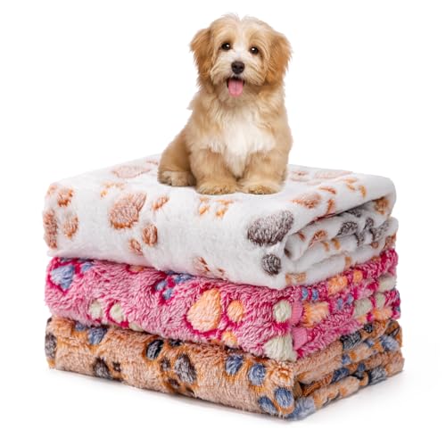1 Pack 3 Blankets Fluffy Premium Fleece Soft Pet Blanket Flannel Throw for Cat Dog Puppy (Small 23x16'', Paw-White/Pink/Br...