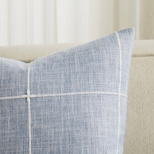 YZJZEDS 2 Packs Grid Embroidery Throw Pillow Covers, 22x22 Inch Blue, Farmhouse Linen Decorative Dusty Blue Cushion Covers...
