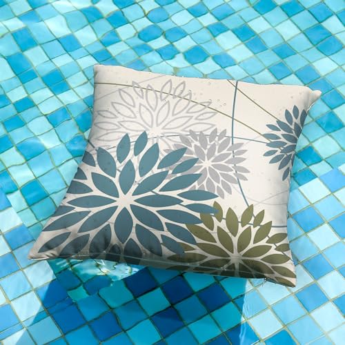 Blue Army Green Outdoor Pillow Covers Set of 2 18X18 Inch Teal Floral Elegant Polyester Flower Pillow Case Outdoor Waterpr...