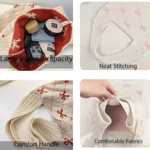 Busnos Beach Bags for Women Coquette Bow Bag Purse Cute Crochet Beach Tote Bag Boho Knit Shoulder Purses Travel Vacation
