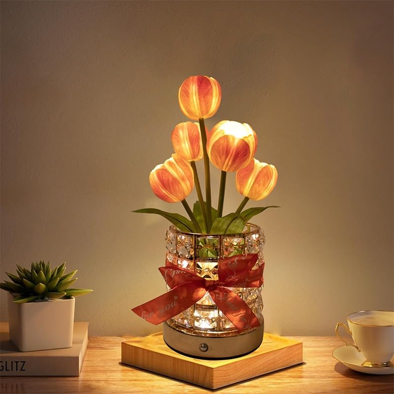 TXGZYBhg Tulip Flower Planet Lamp with Remote Control, Rechargeable Cordless Touch Dimming Artificial Flower Desk Lamp, LE...