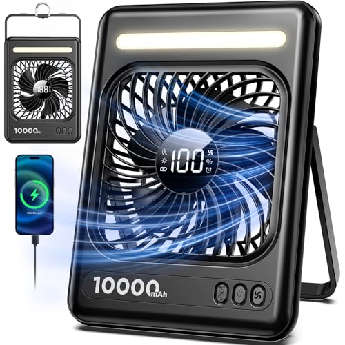 10000mAh Portable Travel Fan, 5 Speeds Strong Wind Cruise Fan with LED Lantern, 24H Runtime Cordless Personal USB Fan, 2/...