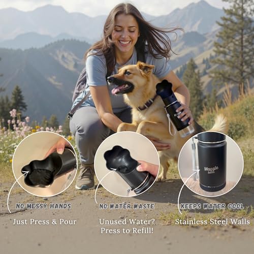 Waggle Bottle Stainless Steel Dog Travel Water Bottle, Double-Wall Vacuum Insulated Portable Dog Water Dispenser, Drink Cu...