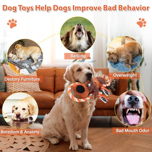 Drmstow Plush Dog Toys with Rope, Squeaker & Crinkle Paper – Interactive Squeaky Chew Toy for Large Dogs & Puppies – Tough...