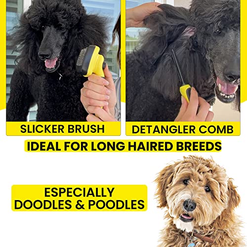 ShedTitan Doodle Brush Slicker for Dogs - Self Cleaning Dog Brush for Poodles, Goldendoodle Grooming Kit with Detangler Comb