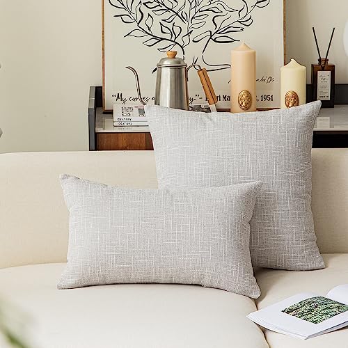 Kevin Textile Decorative Lined Linen Cushion Cover Throw Pillow Case for Bedroom, 24"x24"(61x61cm), Set of 2, Grey White